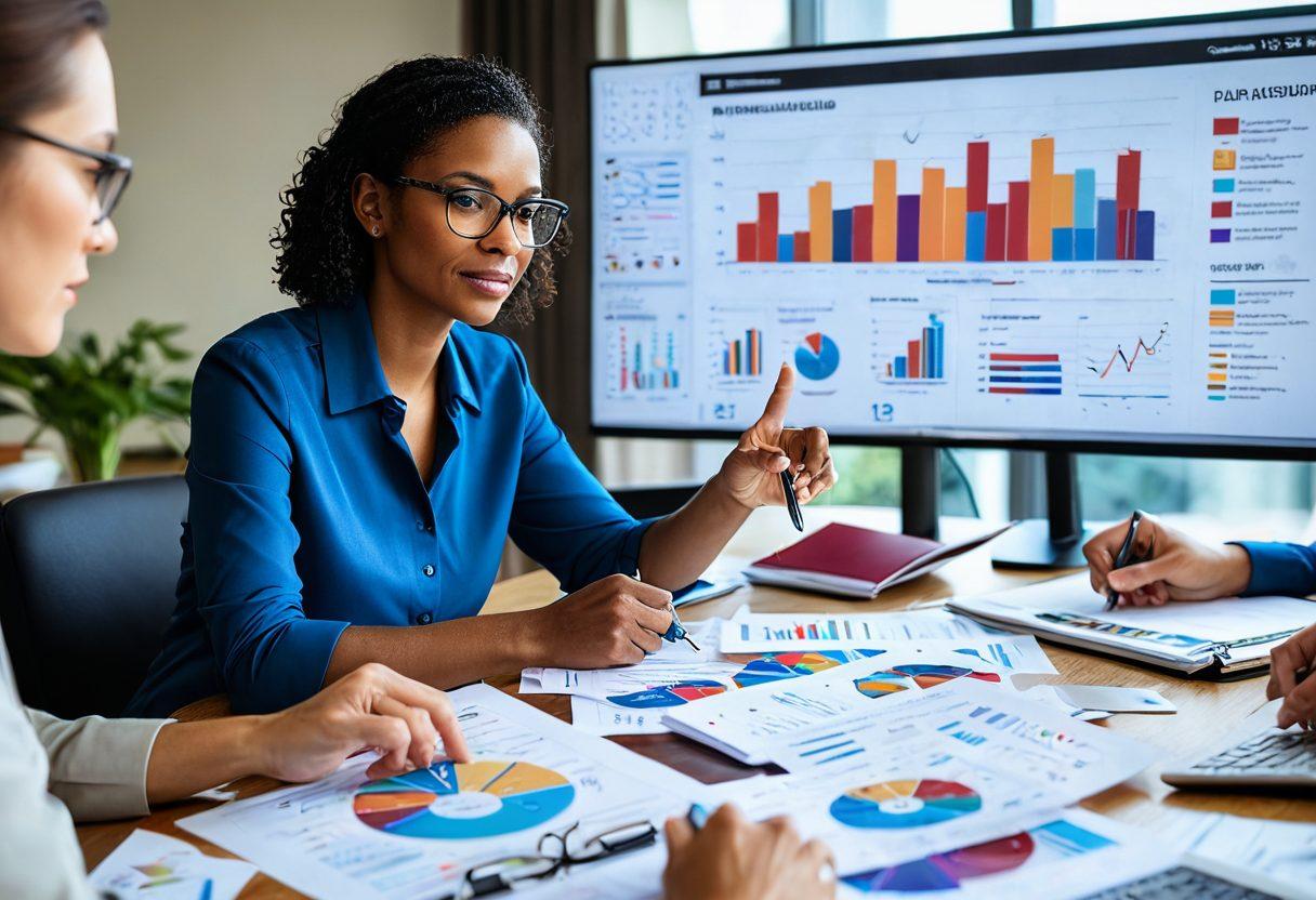 A split image showcasing two scenarios: on one side, an individual consulting with an insurance agent surrounded by documents and charts, while on the other side, a business team in a boardroom analyzing insurance strategies with digital graphs in the background. Incorporate a diverse group of people, emphasizing collaboration and decision-making. Bright, engaging colors to evoke a sense of empowerment in choosing insurance. super-realistic. vibrant colors.
