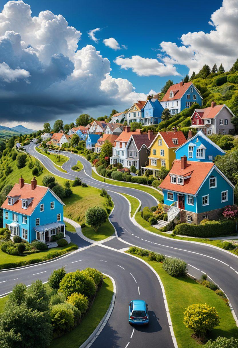 A winding road symbolizing the journey from risk assessment to claims, with various signposts illustrating key stages of insurance coverage. Include a vibrant landscape featuring houses, cars, and businesses safeguarding their assets. The sky should be a bright blue with fluffy clouds, representing clarity and security. Place a diverse group of people consulting over a map, symbolizing teamwork and guidance. super-realistic. vibrant colors. detailed backgrounds.